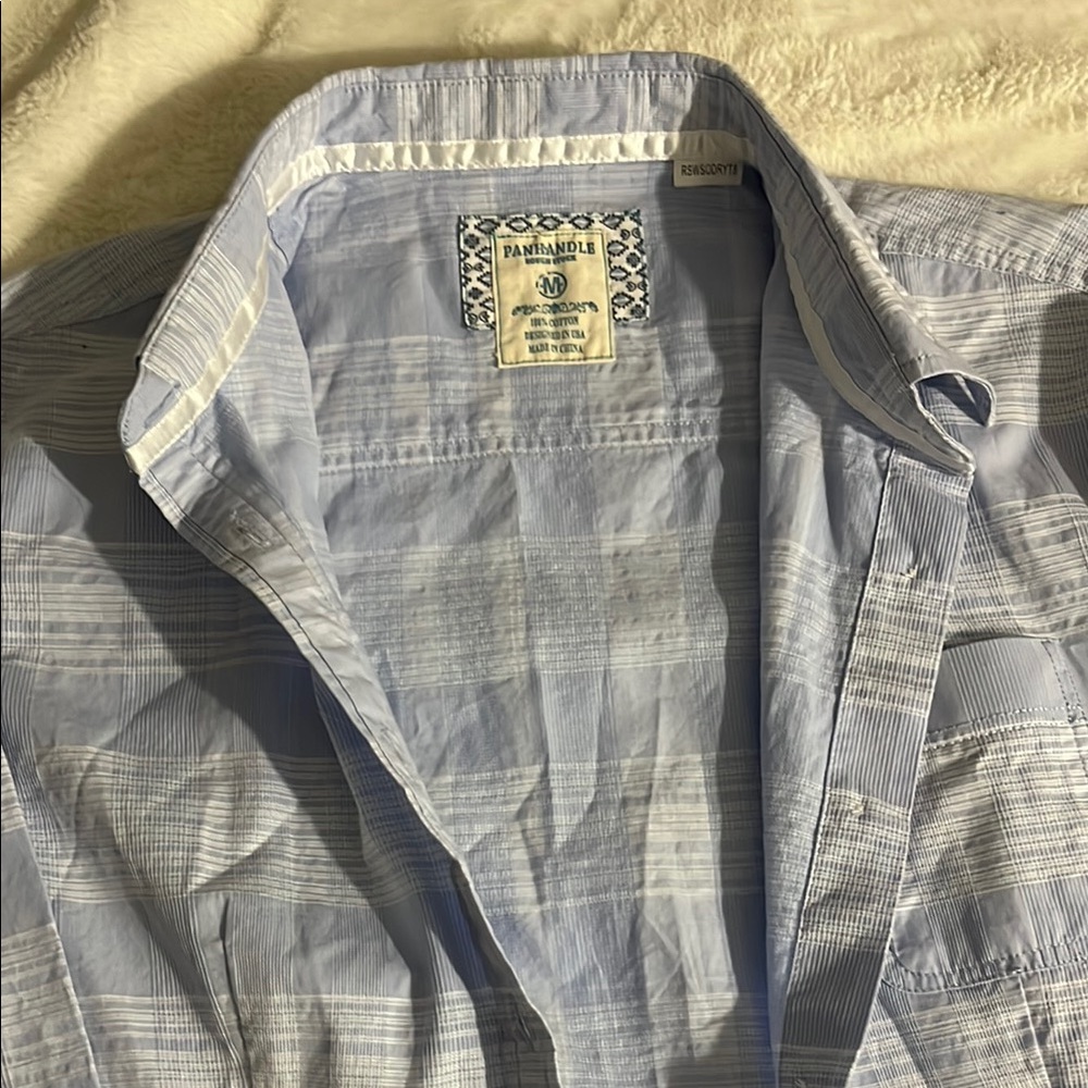 Panhandle Blue and White Casual Button Down Shirt with Plaid Pattern - Picture 3 of 4